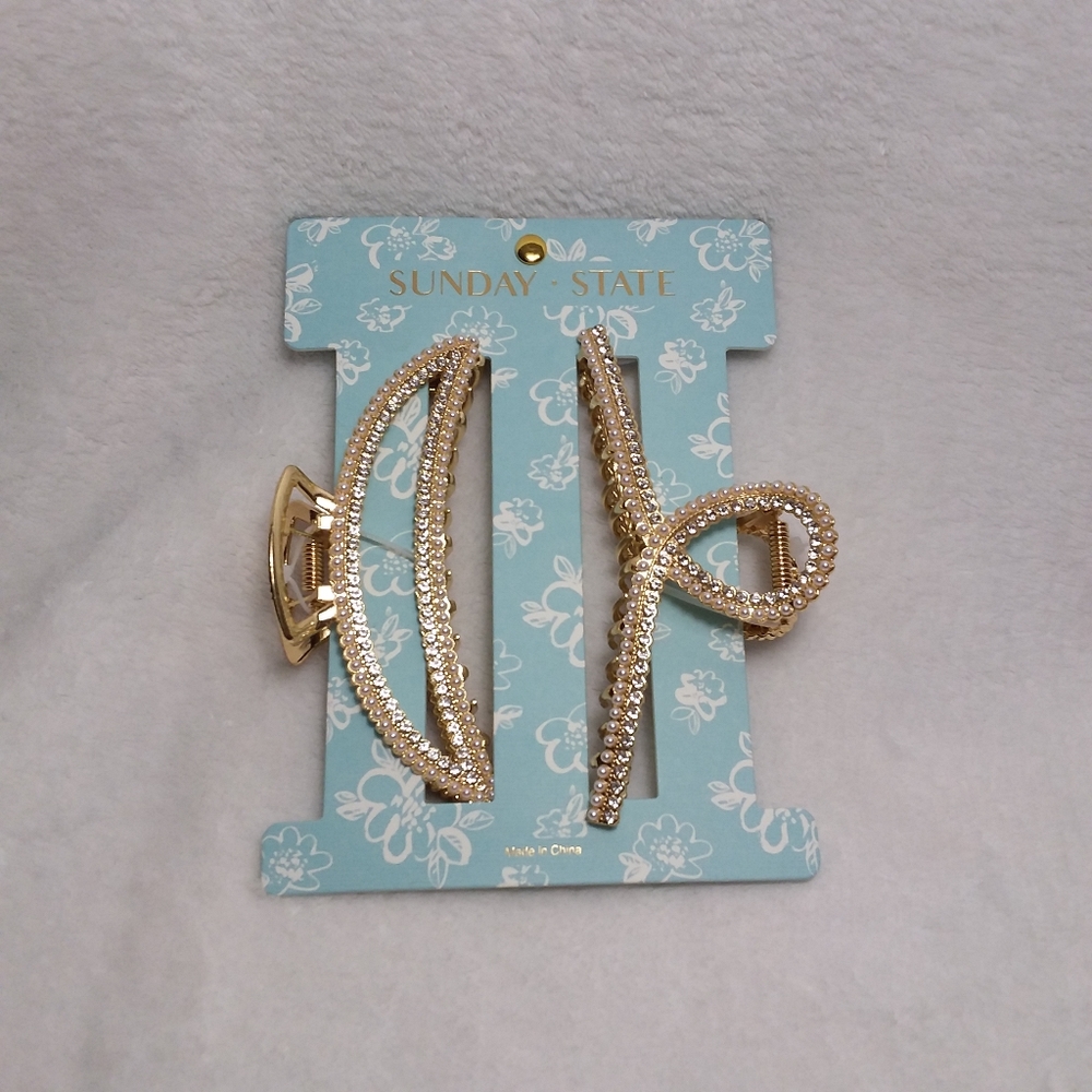 Hair Clips Gold Tone Faux Pearls Clear Rhinestones Sunday State